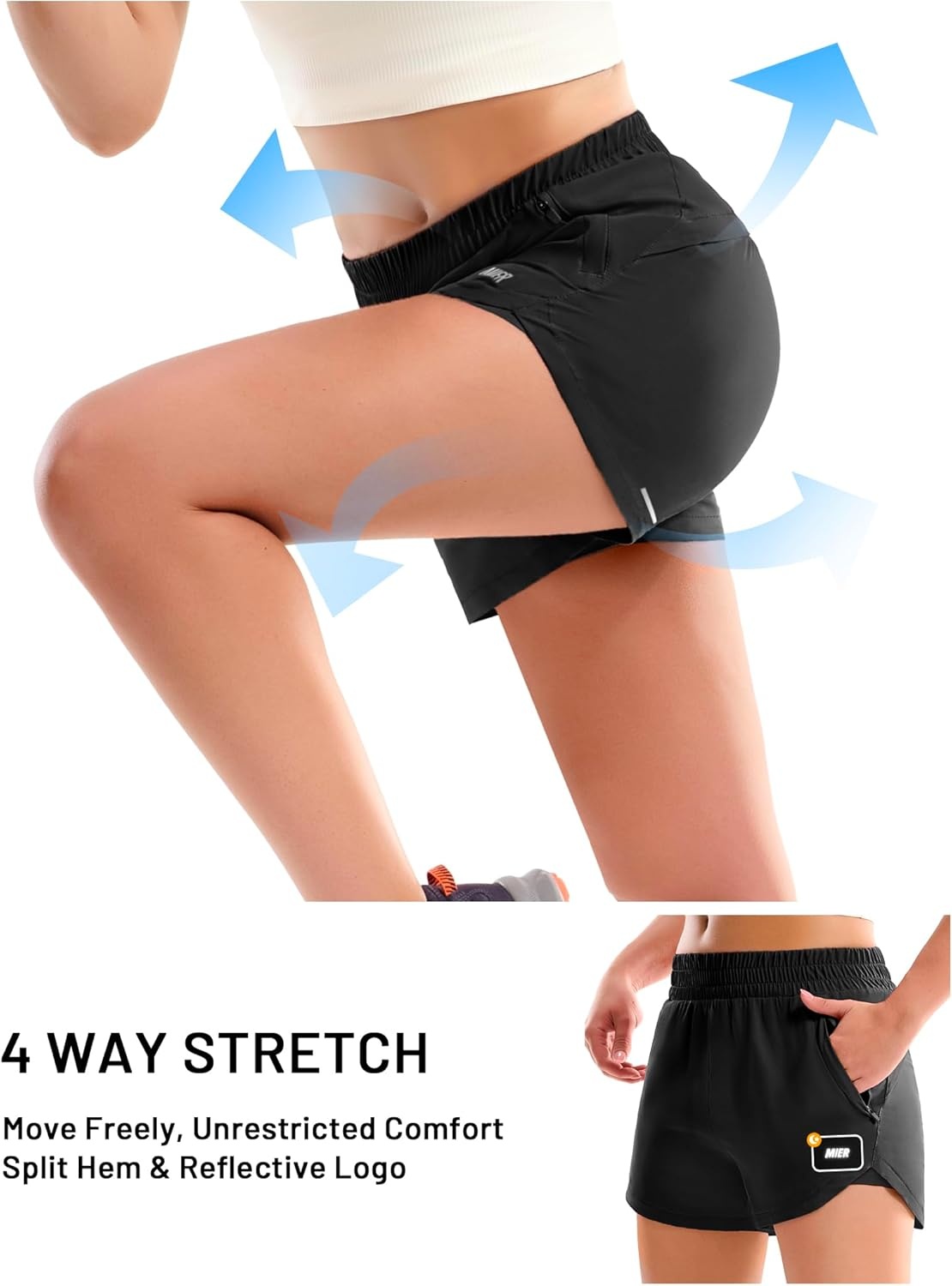 image:imageMIER Womens 3 Running Shorts with Mesh Liner Mid Waisted 2 in 1 Quick Dry Workout Gym Athletic Shorts with Zipper PocketsBlack