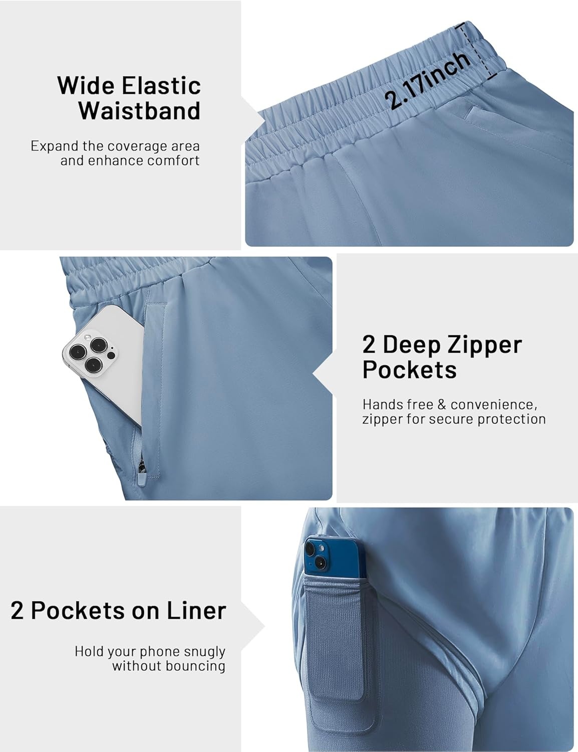 image:imageMIER Womens 3 Running Shorts with Mesh Liner Mid Waisted 2 in 1 Quick Dry Workout Gym Athletic Shorts with Zipper PocketsDusty Blue