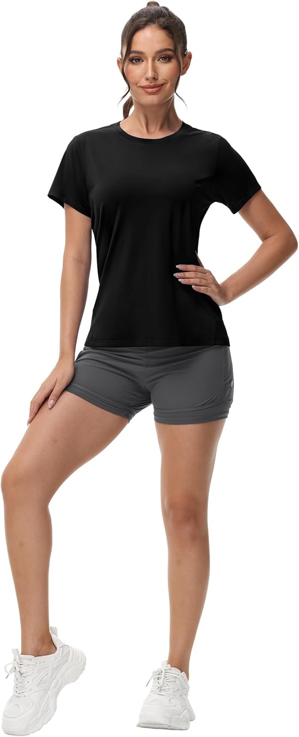 image:imageMIER Womens Running Athletic Shirts Dry Fit Active TShirt Tops Short Sleeve Soft Crew Neck Gym Workout Exercise TeesBlack