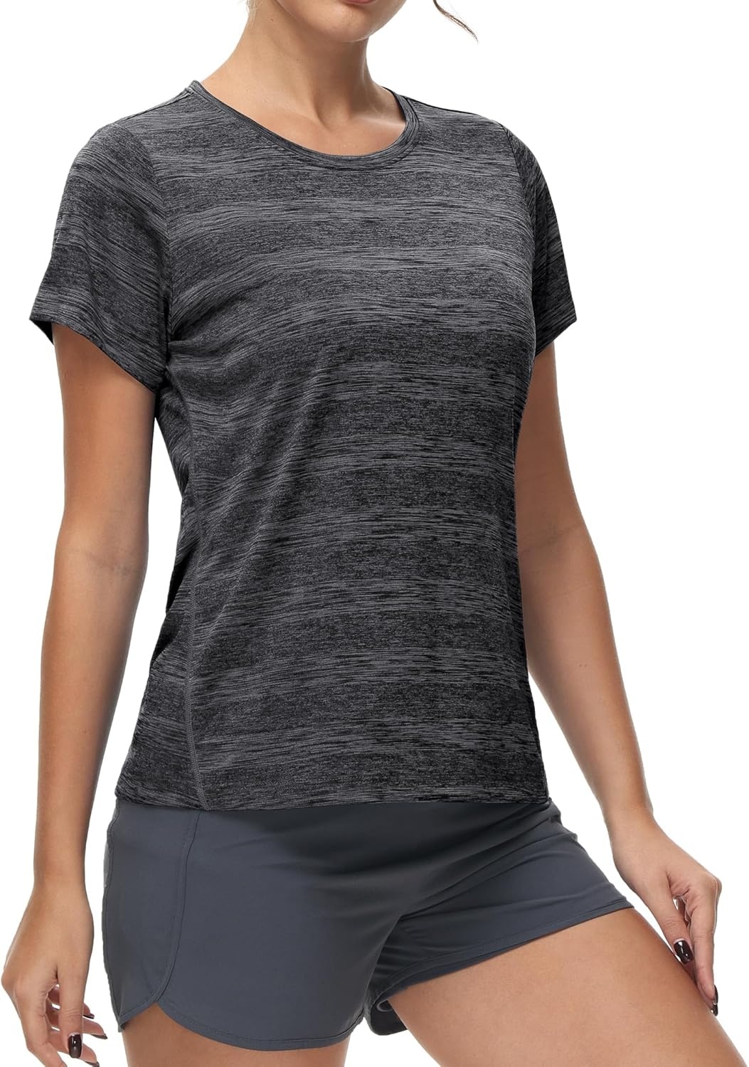 image:imageMIER Womens Running Athletic Shirts Dry Fit Active TShirt Tops Short Sleeve Soft Crew Neck Gym Workout Exercise TeesHeather Black