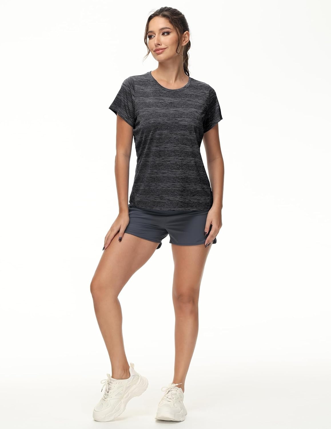 image:imageMIER Womens Running Athletic Shirts Dry Fit Active TShirt Tops Short Sleeve Soft Crew Neck Gym Workout Exercise TeesHeather Black