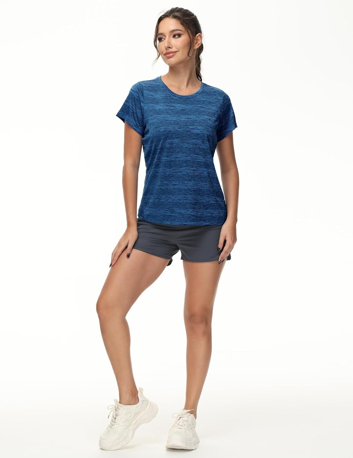 image:imageMIER Womens Running Athletic Shirts Dry Fit Active TShirt Tops Short Sleeve Soft Crew Neck Gym Workout Exercise TeesHeather Blue