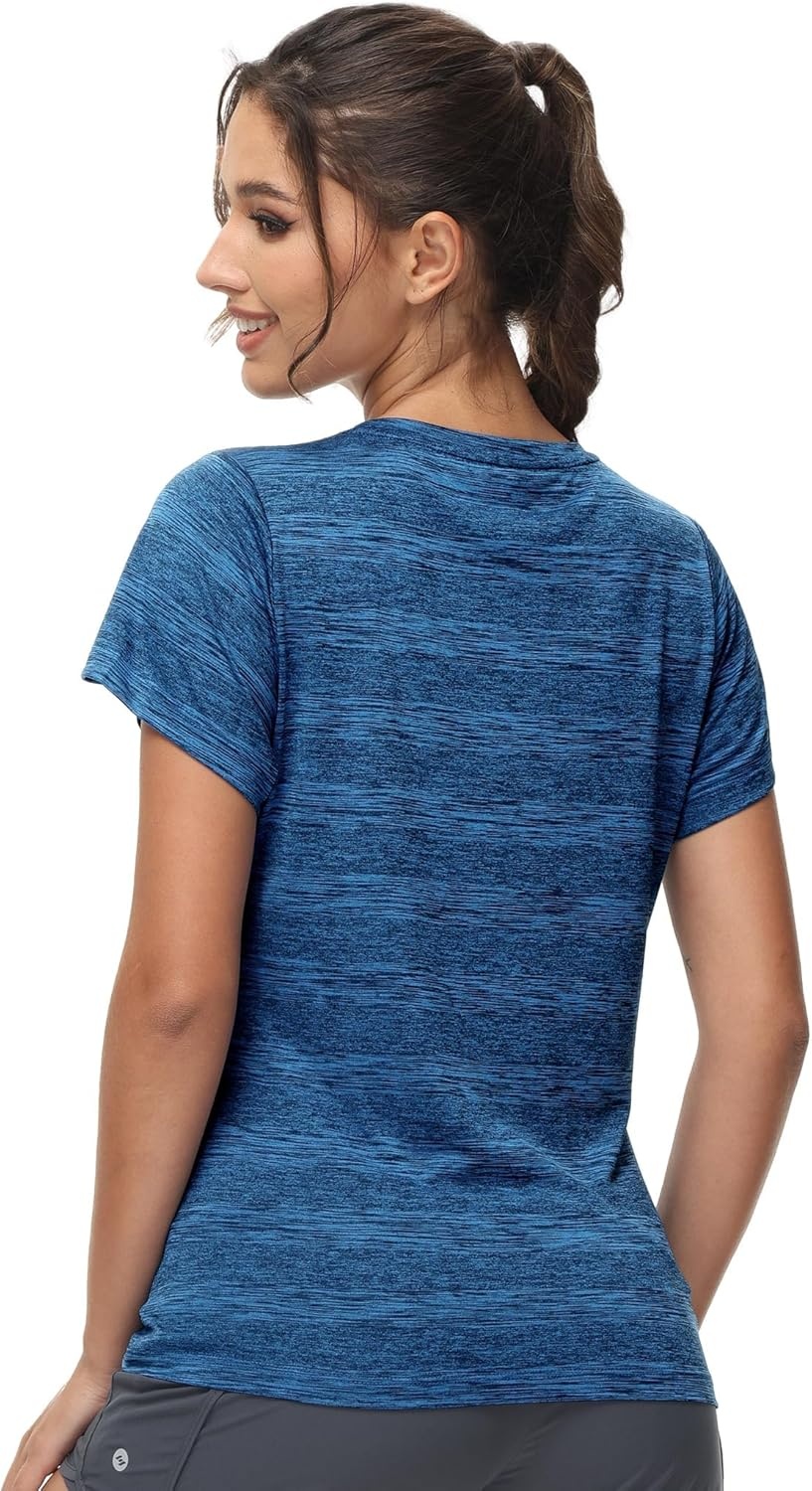 image:imageMIER Womens Running Athletic Shirts Dry Fit Active TShirt Tops Short Sleeve Soft Crew Neck Gym Workout Exercise TeesHeather Blue