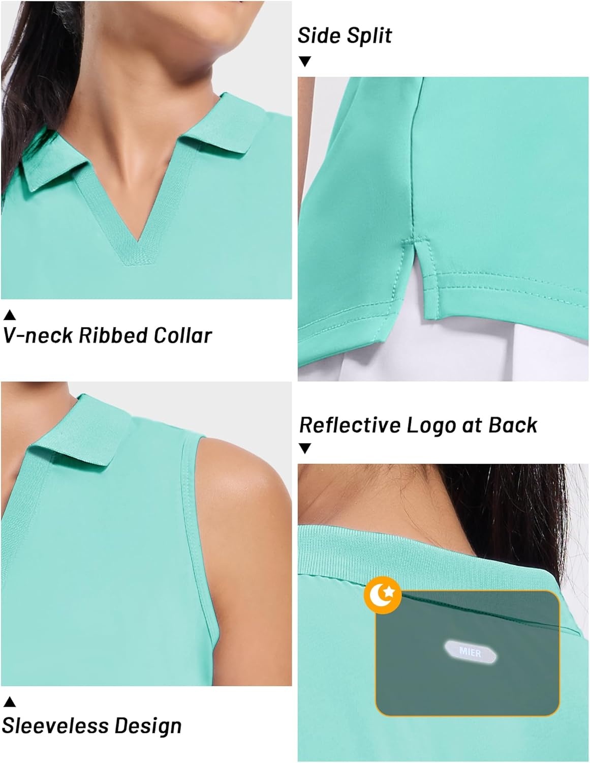 image:imageMIER Womens Sleeveless Golf Polo Shirts Dry Fit Collared Tank Tops V Neck Ribbed Athletic Tennis Shirt Moisture WickingAqua