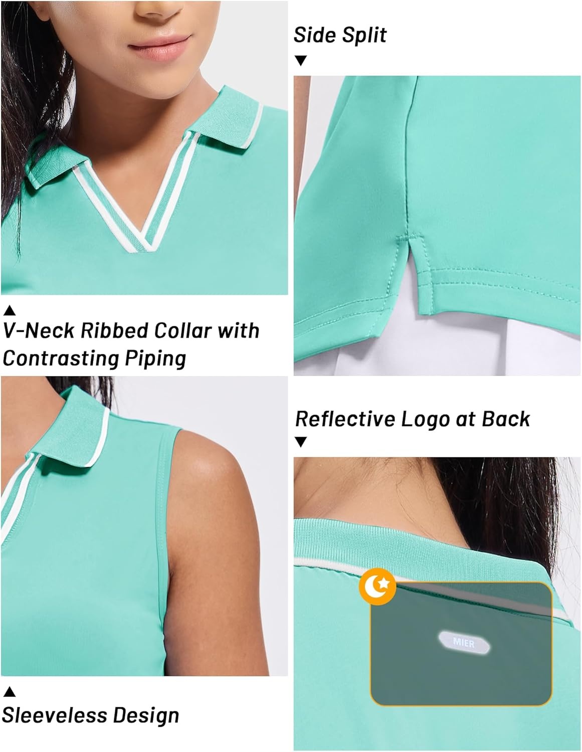 image:imageMIER Womens Sleeveless Golf Polo Shirts Dry Fit Collared Tank Tops V Neck Ribbed Athletic Tennis Shirt Moisture WickingAquaWhite