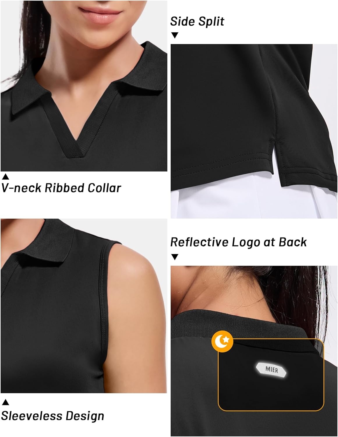 image:imageMIER Womens Sleeveless Golf Polo Shirts Dry Fit Collared Tank Tops V Neck Ribbed Athletic Tennis Shirt Moisture WickingBlack