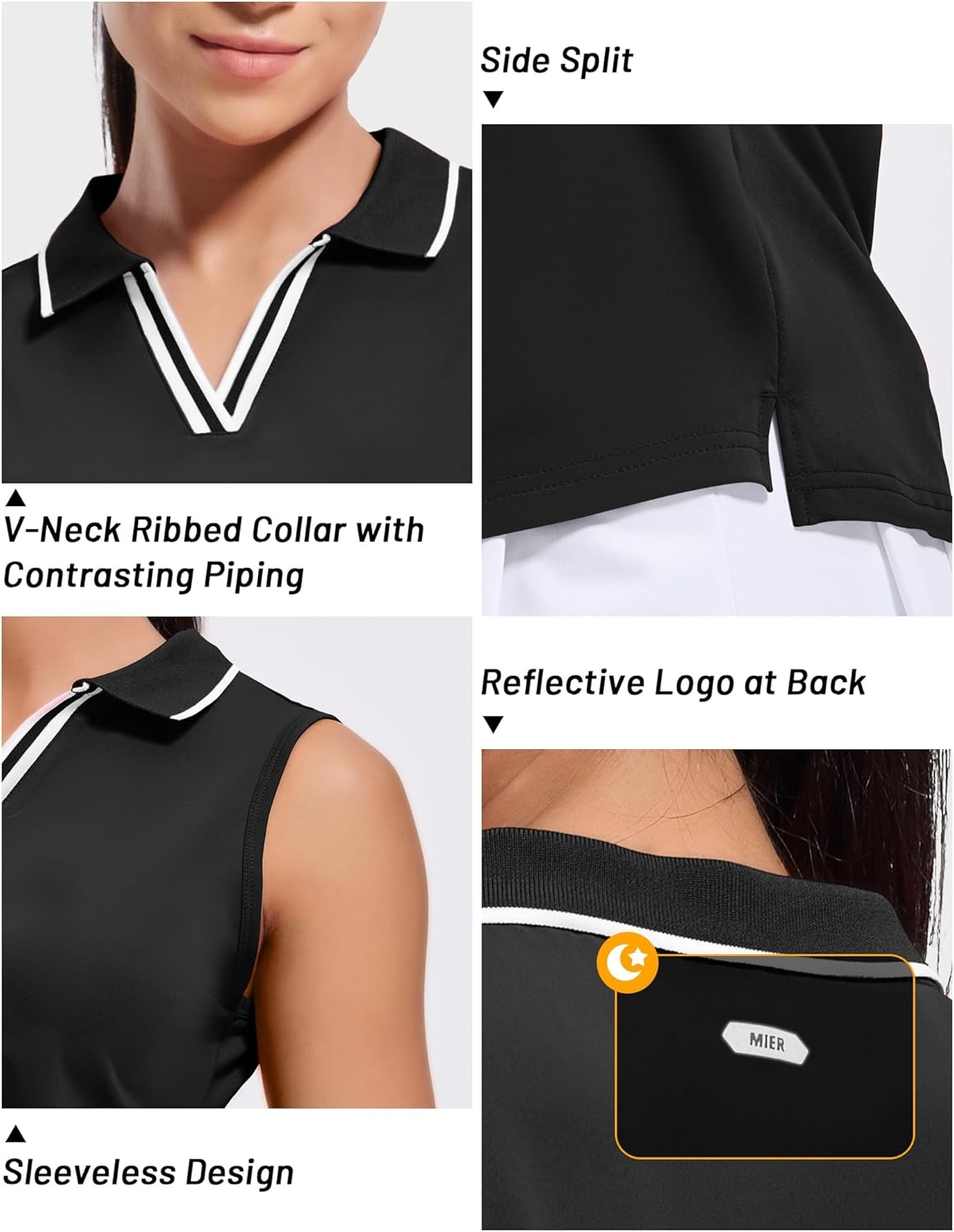 image:imageMIER Womens Sleeveless Golf Polo Shirts Dry Fit Collared Tank Tops V Neck Ribbed Athletic Tennis Shirt Moisture WickingBlackWhite