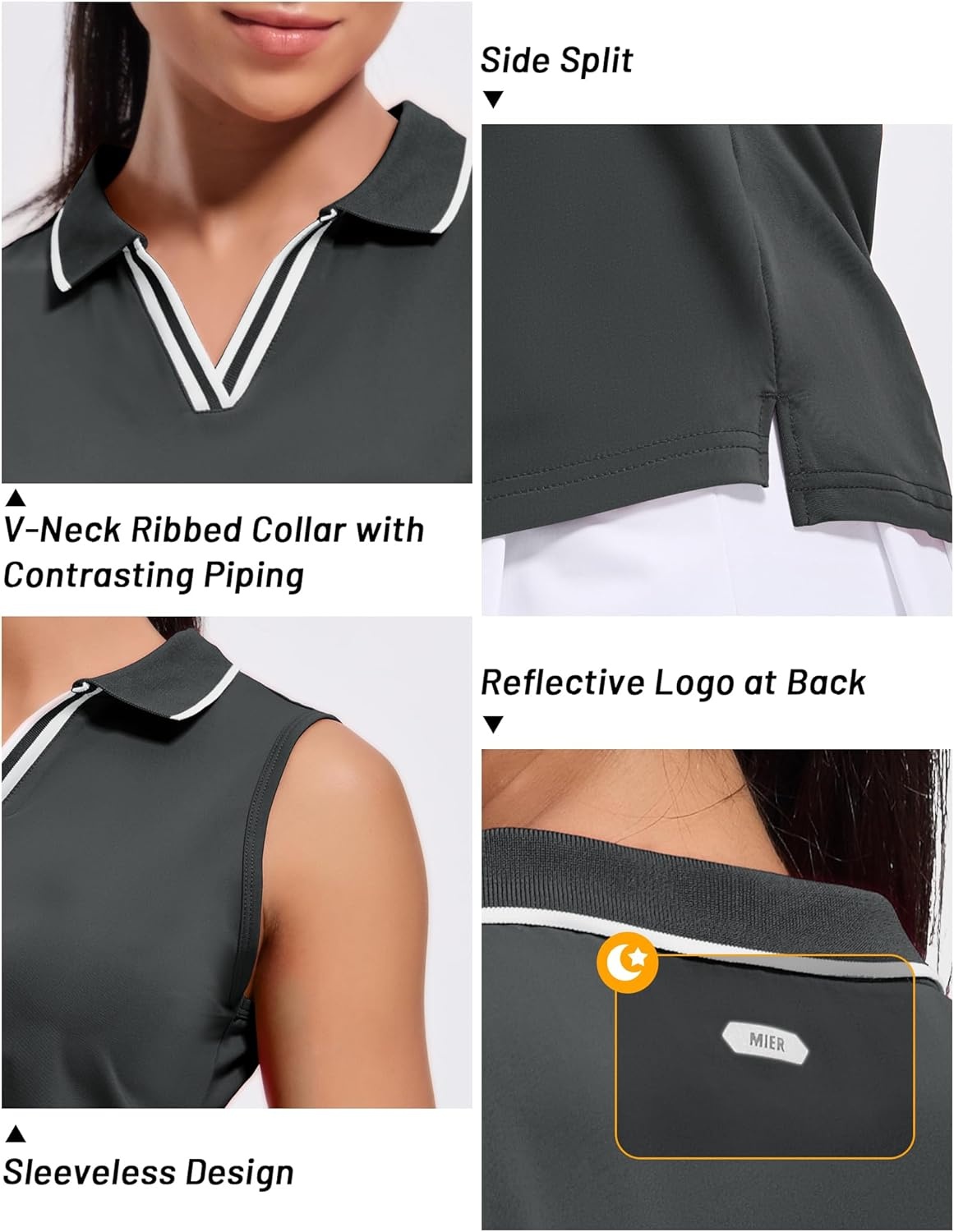 image:imageMIER Womens Sleeveless Golf Polo Shirts Dry Fit Collared Tank Tops V Neck Ribbed Athletic Tennis Shirt Moisture WickingDark GreyWhite