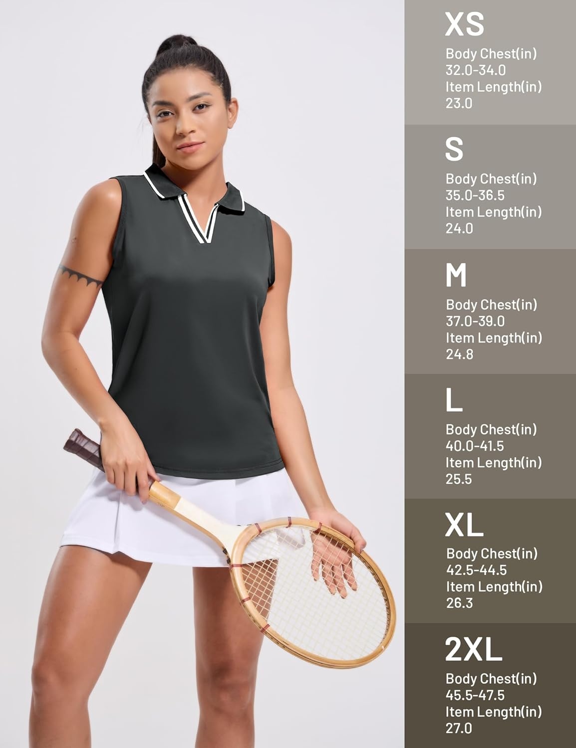 image:imageMIER Womens Sleeveless Golf Polo Shirts Dry Fit Collared Tank Tops V Neck Ribbed Athletic Tennis Shirt Moisture WickingDark GreyWhite