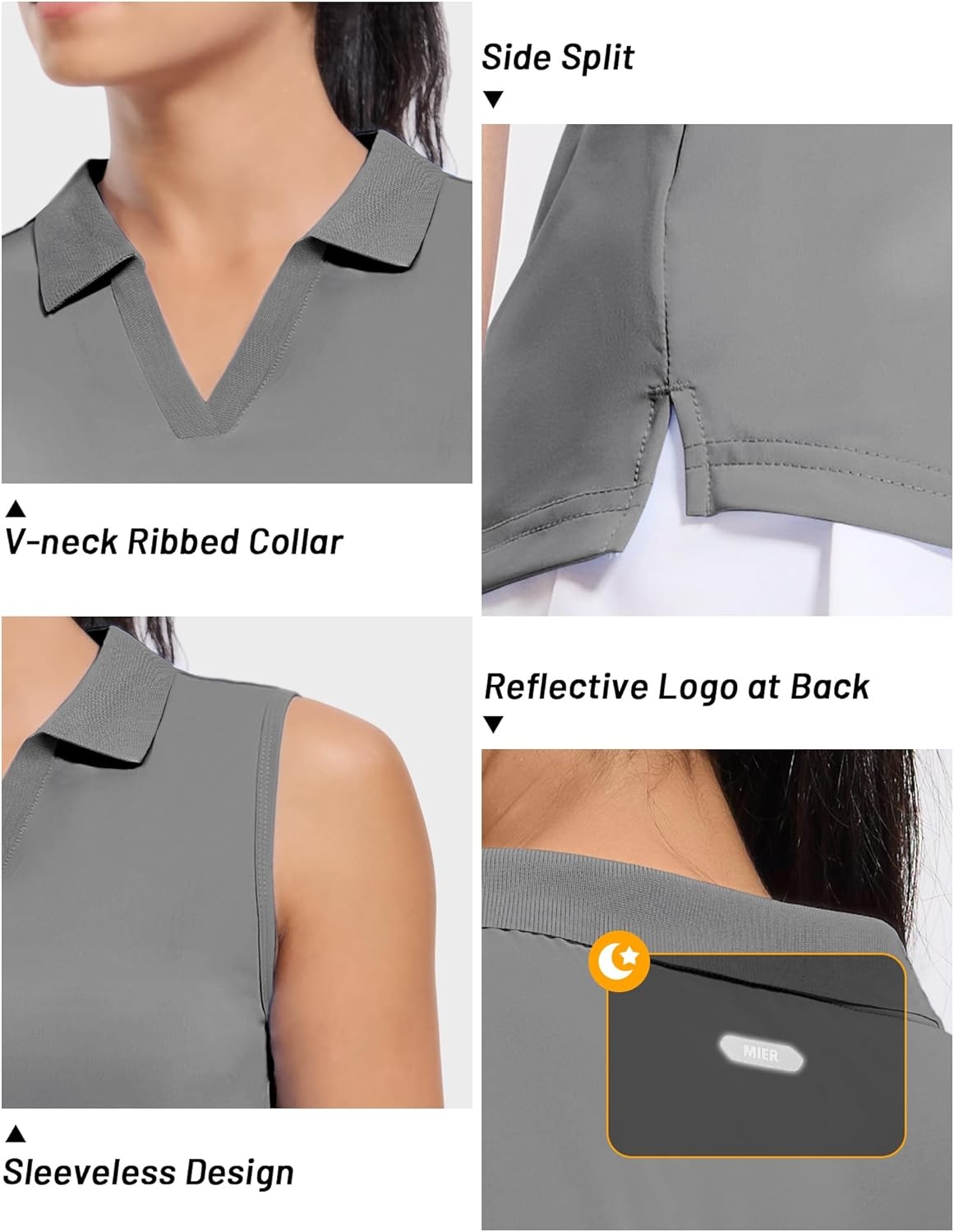 image:imageMIER Womens Sleeveless Golf Polo Shirts Dry Fit Collared Tank Tops V Neck Ribbed Athletic Tennis Shirt Moisture WickingGrey