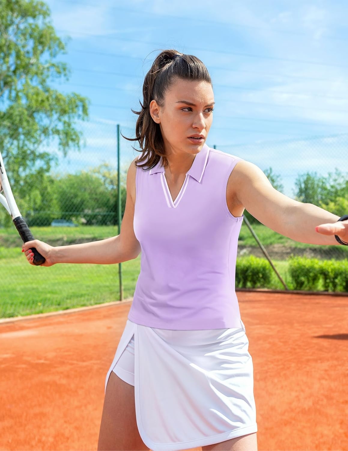 image:imageMIER Womens Sleeveless Golf Polo Shirts Dry Fit Collared Tank Tops V Neck Ribbed Athletic Tennis Shirt Moisture WickingLavenderWhite