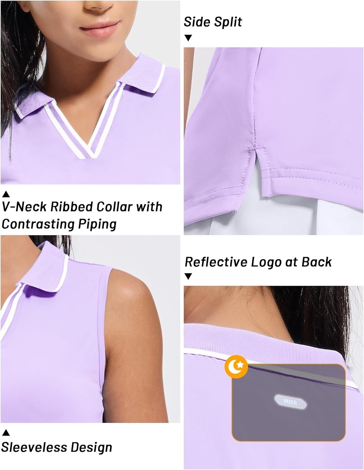 image:imageMIER Womens Sleeveless Golf Polo Shirts Dry Fit Collared Tank Tops V Neck Ribbed Athletic Tennis Shirt Moisture WickingLavenderWhite