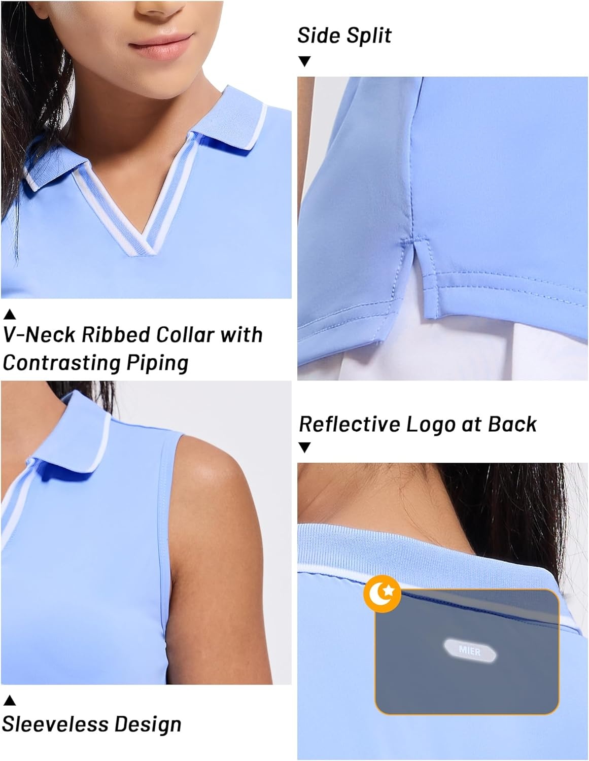 image:imageMIER Womens Sleeveless Golf Polo Shirts Dry Fit Collared Tank Tops V Neck Ribbed Athletic Tennis Shirt Moisture WickingLight BlueWhite