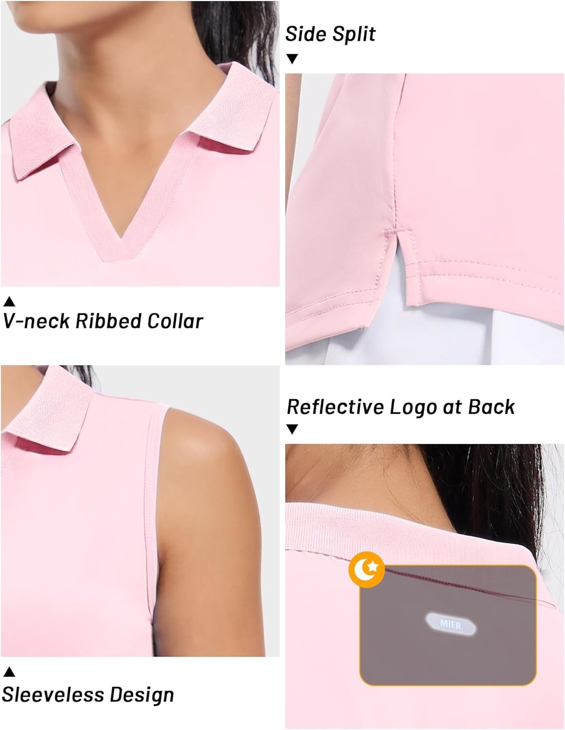 image:imageMIER Womens Sleeveless Golf Polo Shirts Dry Fit Collared Tank Tops V Neck Ribbed Athletic Tennis Shirt Moisture WickingLight Pink