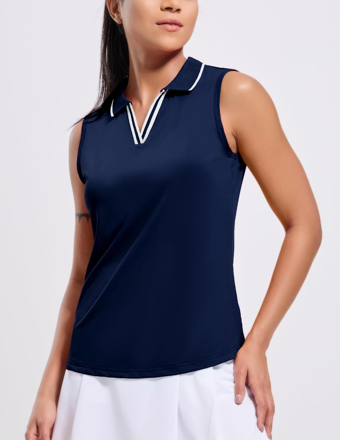 image:imageMIER Womens Sleeveless Golf Polo Shirts Dry Fit Collared Tank Tops V Neck Ribbed Athletic Tennis Shirt Moisture WickingNavyWhite