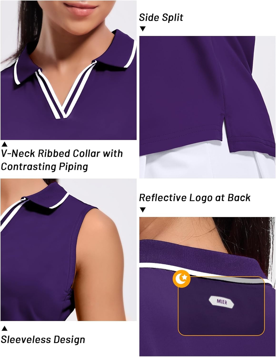 image:imageMIER Womens Sleeveless Golf Polo Shirts Dry Fit Collared Tank Tops V Neck Ribbed Athletic Tennis Shirt Moisture WickingPurpleWhite