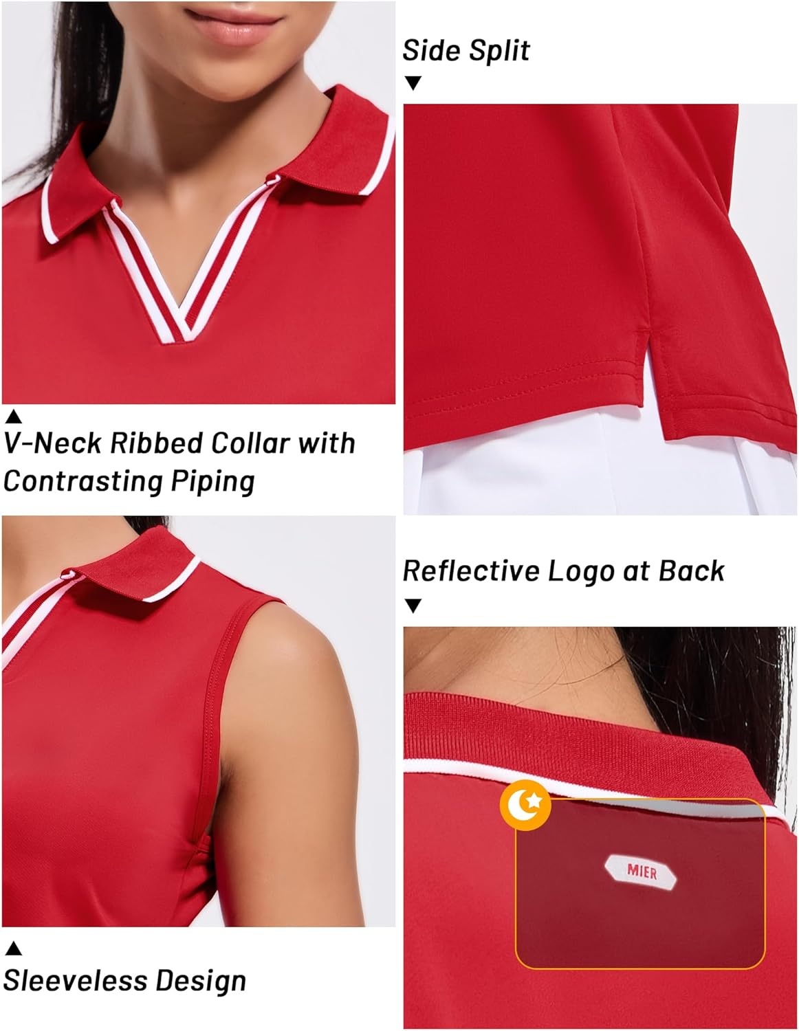 image:imageMIER Womens Sleeveless Golf Polo Shirts Dry Fit Collared Tank Tops V Neck Ribbed Athletic Tennis Shirt Moisture WickingRedWhite