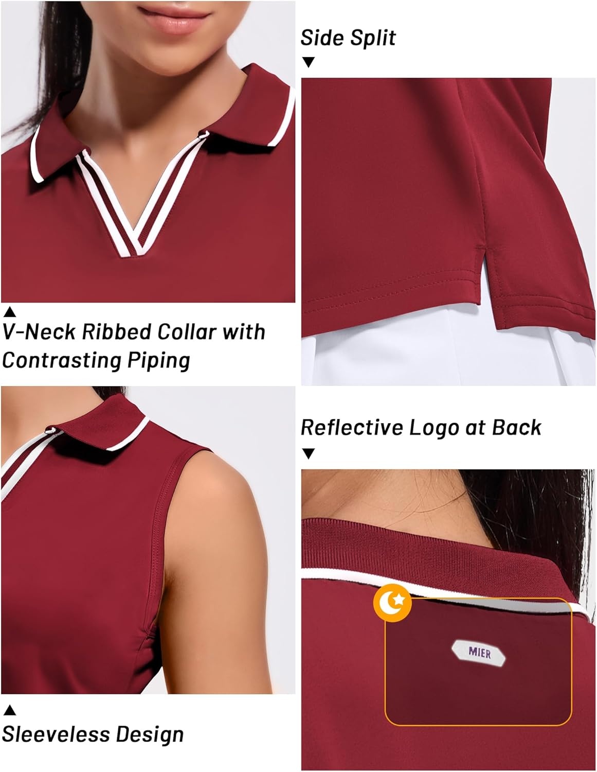 image:imageMIER Womens Sleeveless Golf Polo Shirts Dry Fit Collared Tank Tops V Neck Ribbed Athletic Tennis Shirt Moisture WickingWineWhite