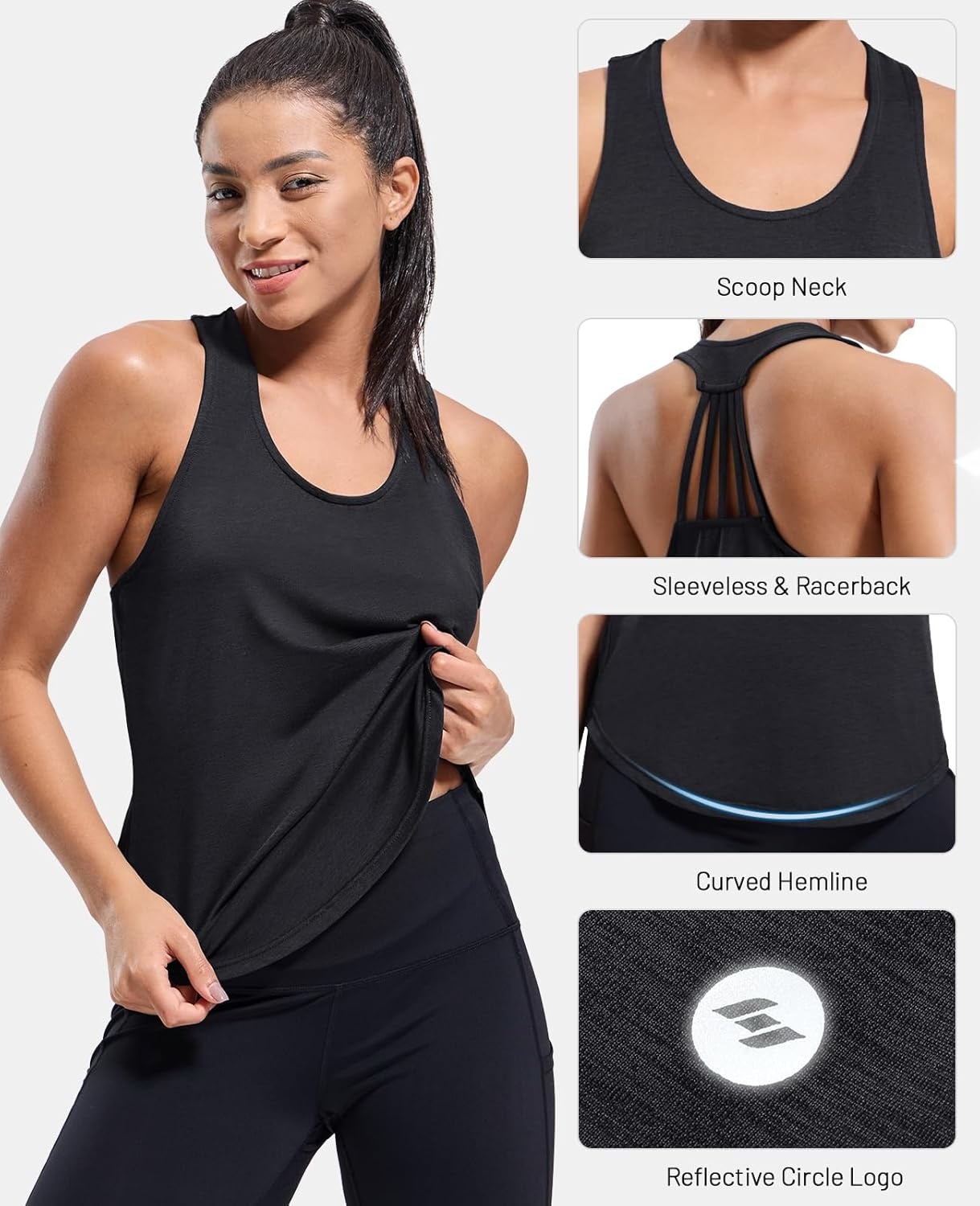 image:imageMIER Womens Workout Tank Tops Sleeveless Yoga Athletic Running Dry Fit Shirts Racerback Soft Gym Muscle Tee Scoop NeckBlack