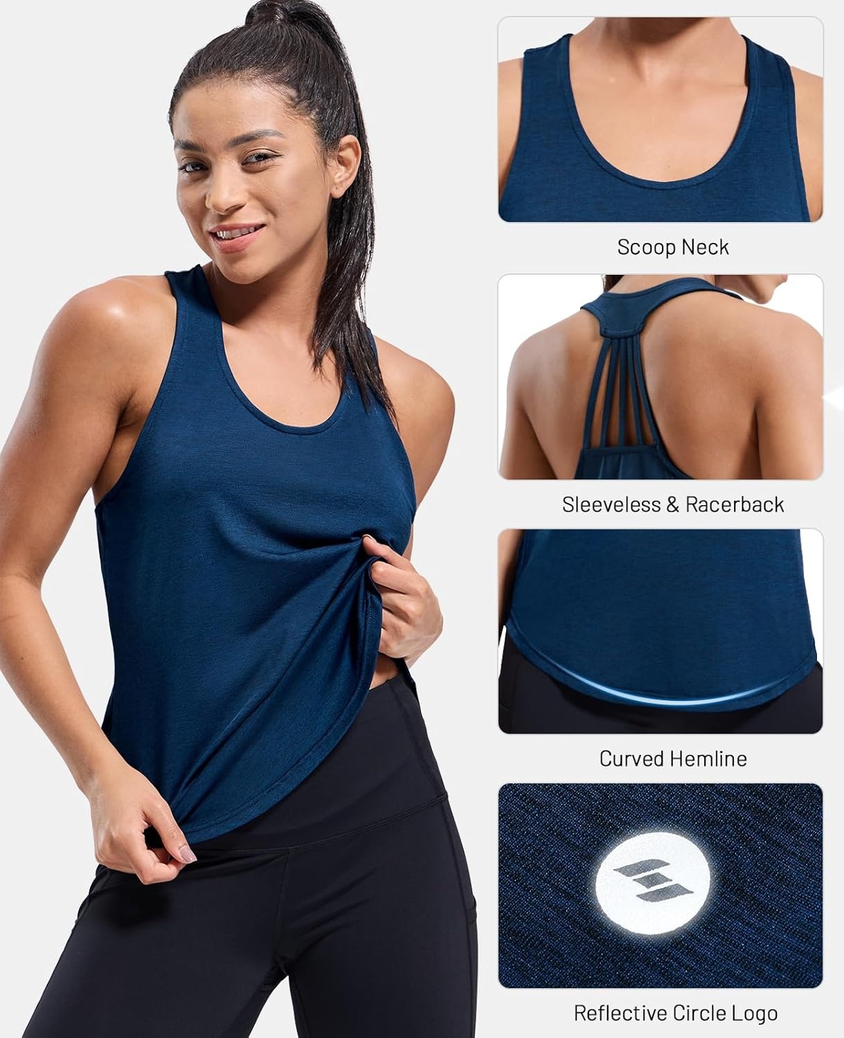image:imageMIER Womens Workout Tank Tops Sleeveless Yoga Athletic Running Dry Fit Shirts Racerback Soft Gym Muscle Tee Scoop NeckHeather Dark Blue