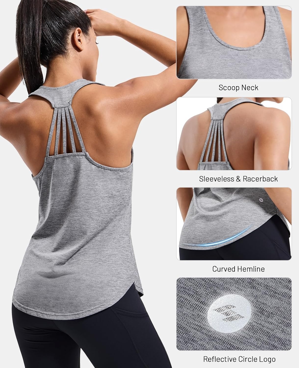 image:imageMIER Womens Workout Tank Tops Sleeveless Yoga Athletic Running Dry Fit Shirts Racerback Soft Gym Muscle Tee Scoop NeckHeather Grey