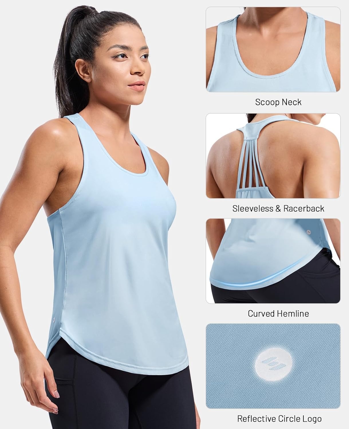 image:imageMIER Womens Workout Tank Tops Sleeveless Yoga Athletic Running Dry Fit Shirts Racerback Soft Gym Muscle Tee Scoop NeckLight Blue