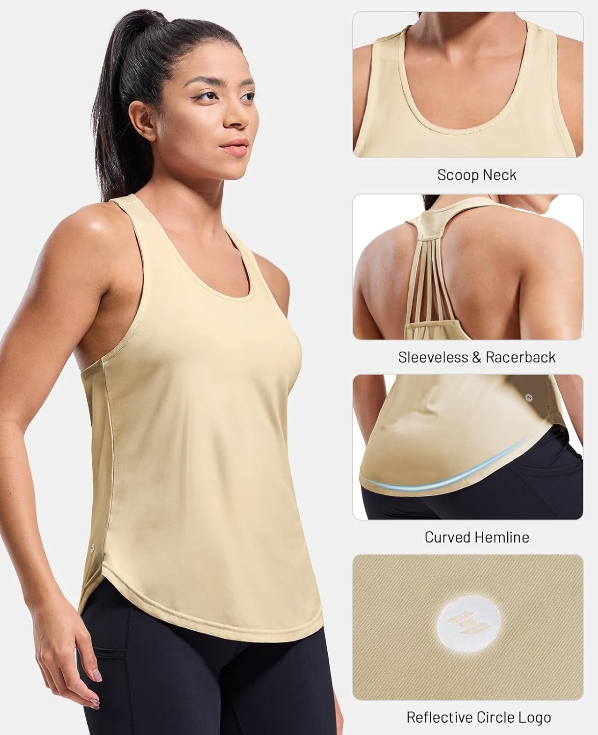 image:imageMIER Womens Workout Tank Tops Sleeveless Yoga Athletic Running Dry Fit Shirts Racerback Soft Gym Muscle Tee Scoop NeckLight Khaki