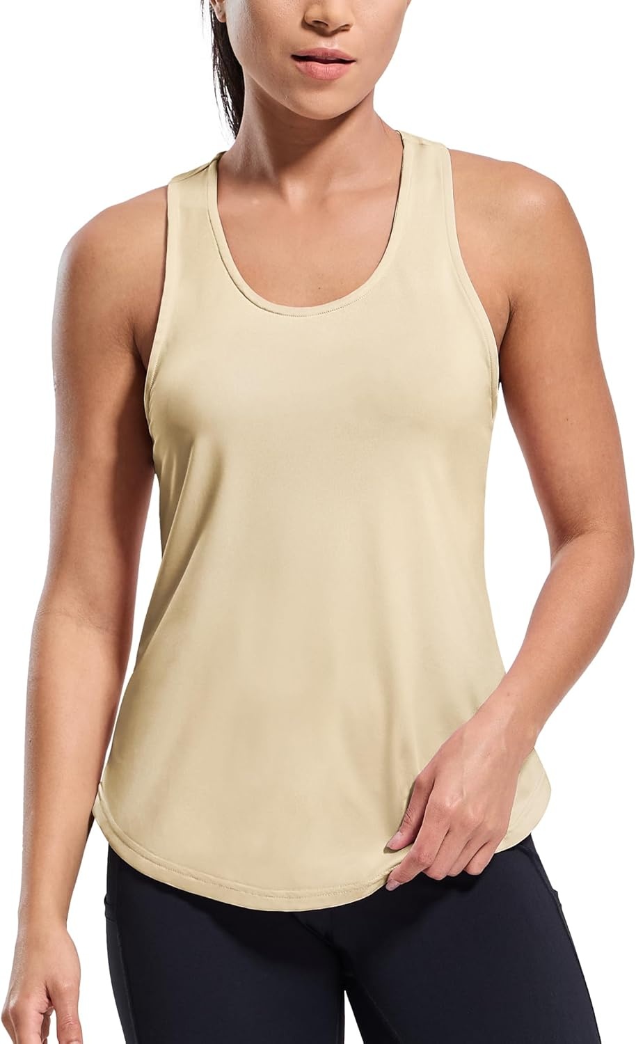 image:imageMIER Womens Workout Tank Tops Sleeveless Yoga Athletic Running Dry Fit Shirts Racerback Soft Gym Muscle Tee Scoop NeckLight Khaki