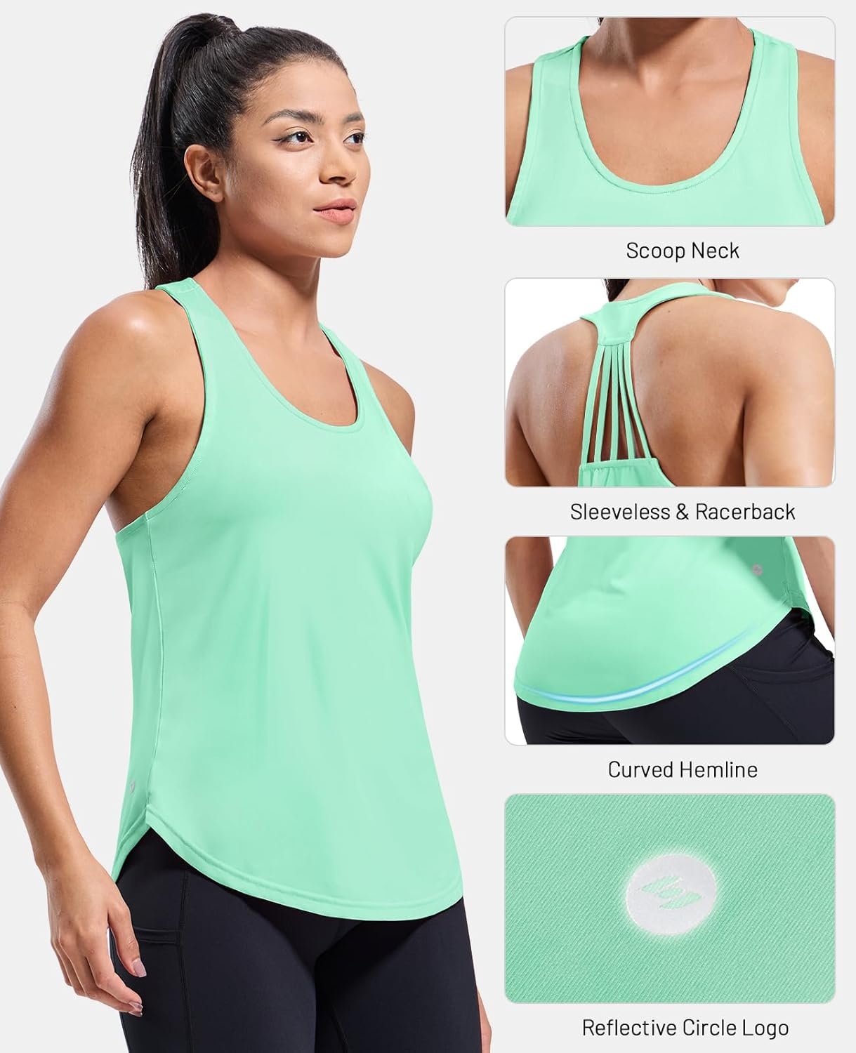 image:imageMIER Womens Workout Tank Tops Sleeveless Yoga Athletic Running Dry Fit Shirts Racerback Soft Gym Muscle Tee Scoop NeckMint Green