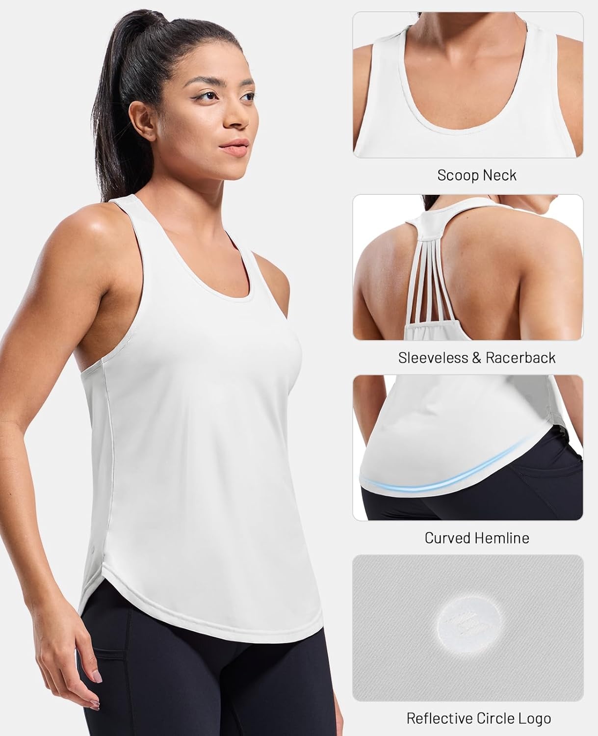 image:imageMIER Womens Workout Tank Tops Sleeveless Yoga Athletic Running Dry Fit Shirts Racerback Soft Gym Muscle Tee Scoop NeckWhite