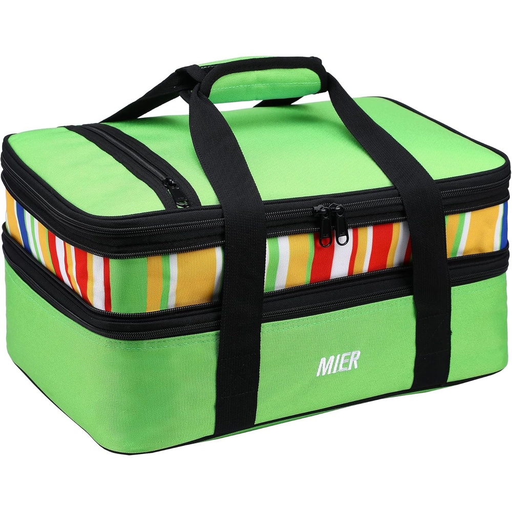 image:imageMIER Insulated Double Casserole Carrier Thermal Lunch Tote for Potluck Parties Picnic Beach Fits 9 x 13 Inches Casserole Dish Expandable by Mid Zipper PurpleGreen