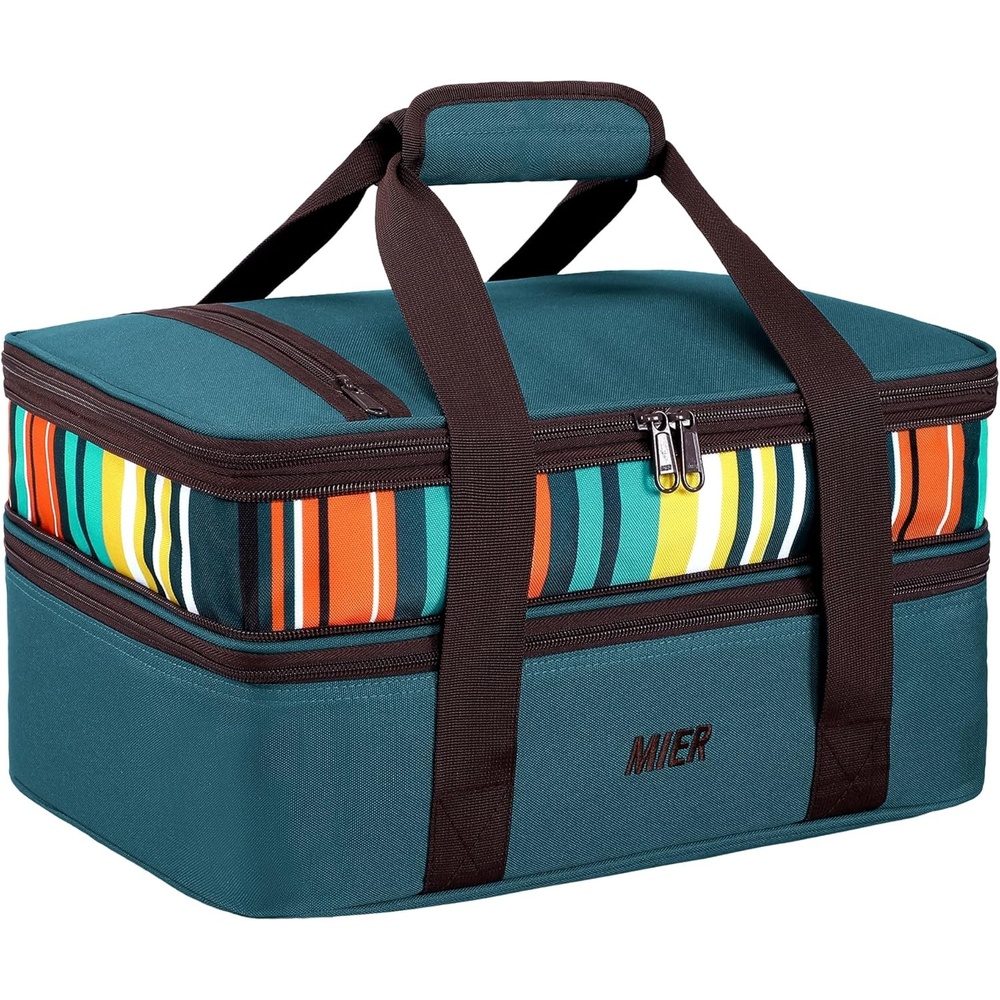 image:imageMIER Insulated Double Casserole Carrier Thermal Lunch Tote for Potluck Parties Picnic Beach Fits 9 x 13 Inches Casserole Dish Expandable by Mid Zipper PurplePeacock Blue