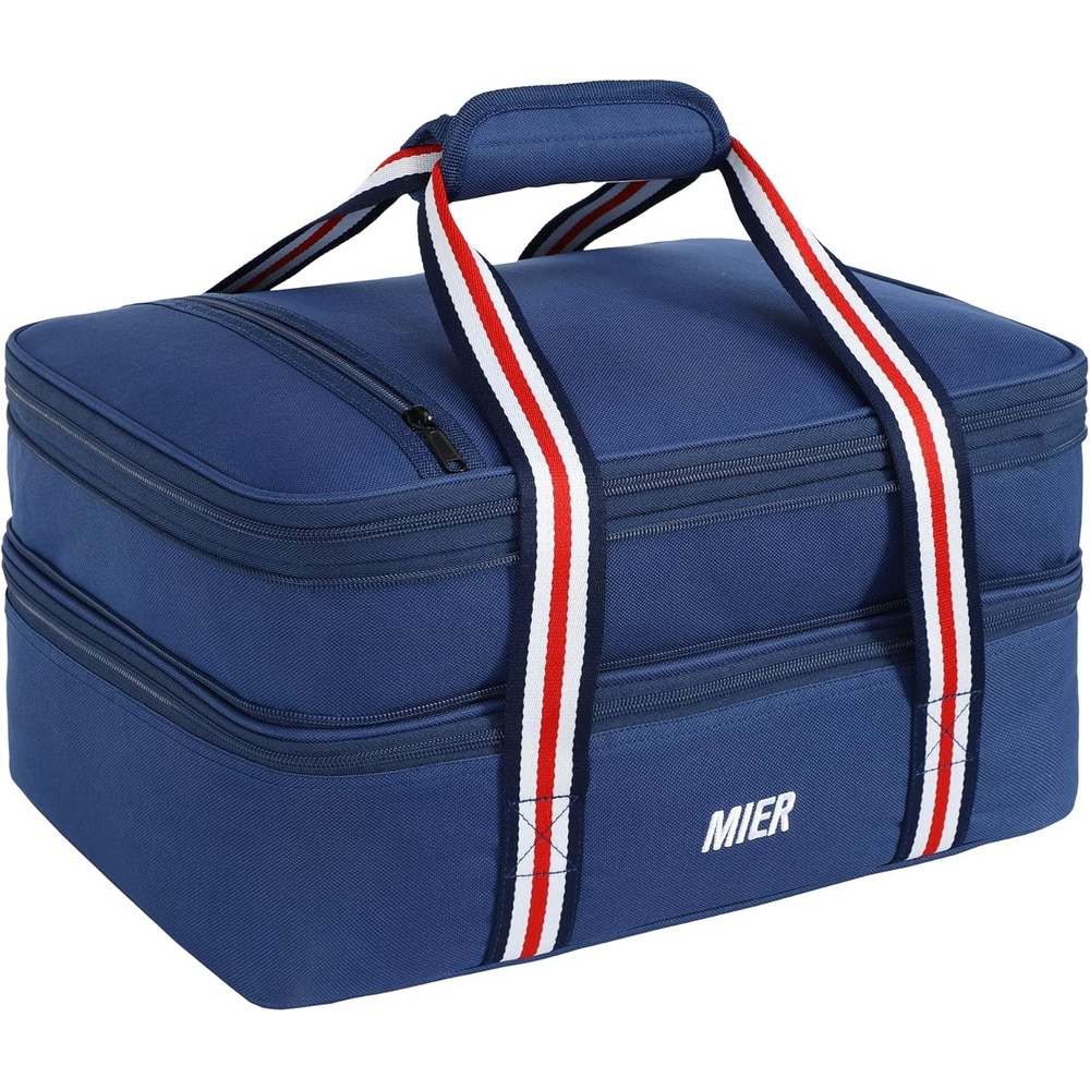 image:imageMIER Insulated Double Casserole Carrier Thermal Lunch Tote for Potluck Parties Picnic Beach Fits 9 x 13 Inches Casserole Dish Expandable by Mid Zipper PurpleNavy