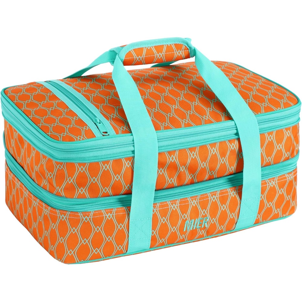 image:imageMIER Insulated Double Casserole Carrier Thermal Lunch Tote for Potluck Parties Picnic Beach Fits 9 x 13 Inches Casserole Dish Expandable by Mid Zipper PurpleOrange