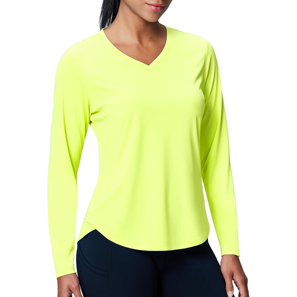 image:imageMIER Long Sleeve Workout Tops for Women UPF 50 SPF UV Protection Sun Shirts Dry Fit Athletic Running Gym Tshirt VNeckNeon Yellow