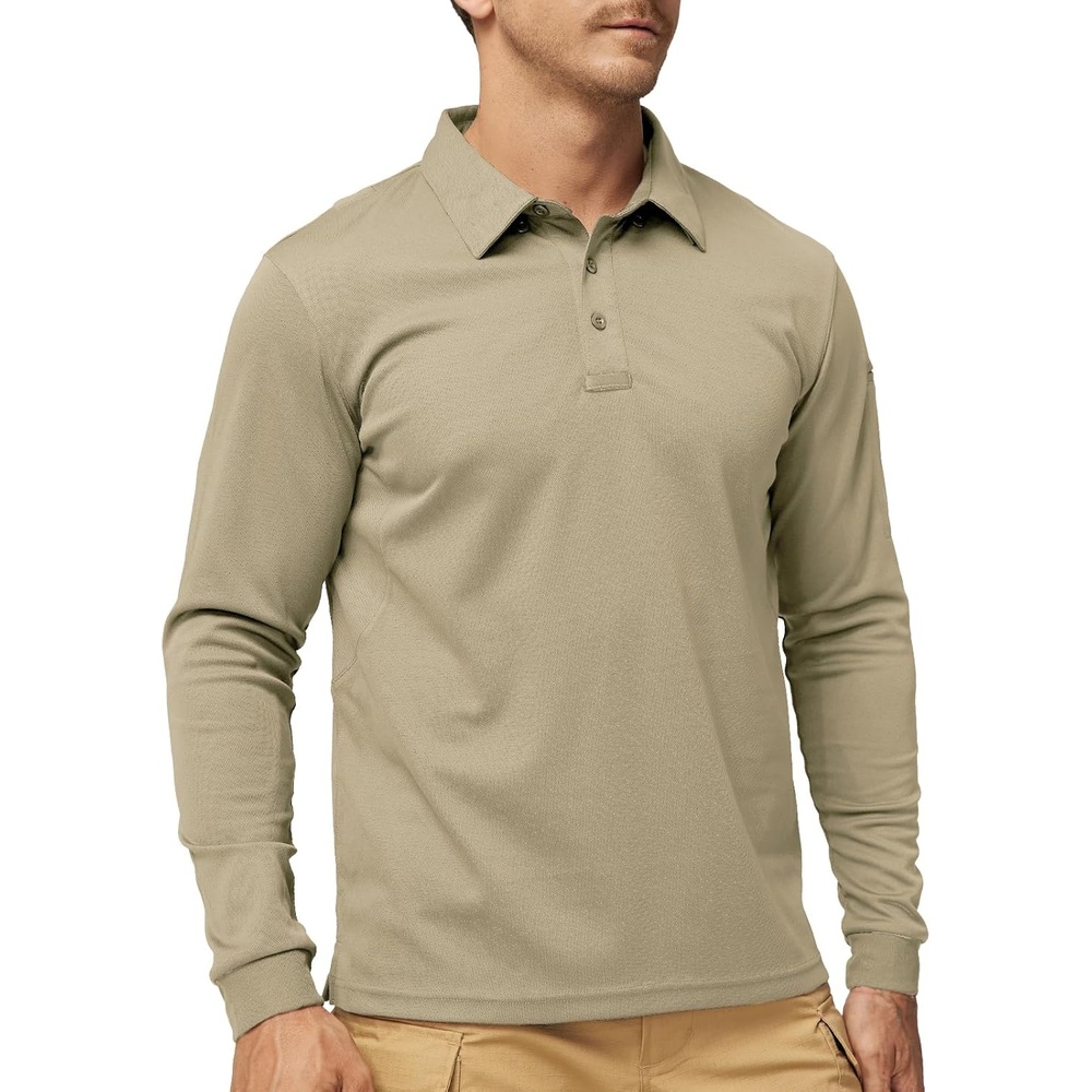 image:imageMIER Mens Outdoor Performance Tactical Polo Shirts Short and Long Sleeve MoistureWickingKhaki02 Long Sleeve