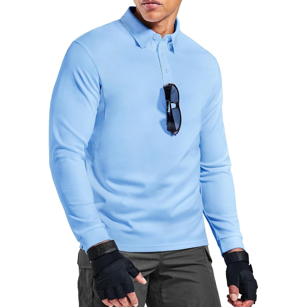 image:imageMIER Mens Outdoor Performance Tactical Polo Shirts Short and Long Sleeve MoistureWickingLight Blue02 Long Sleeve
