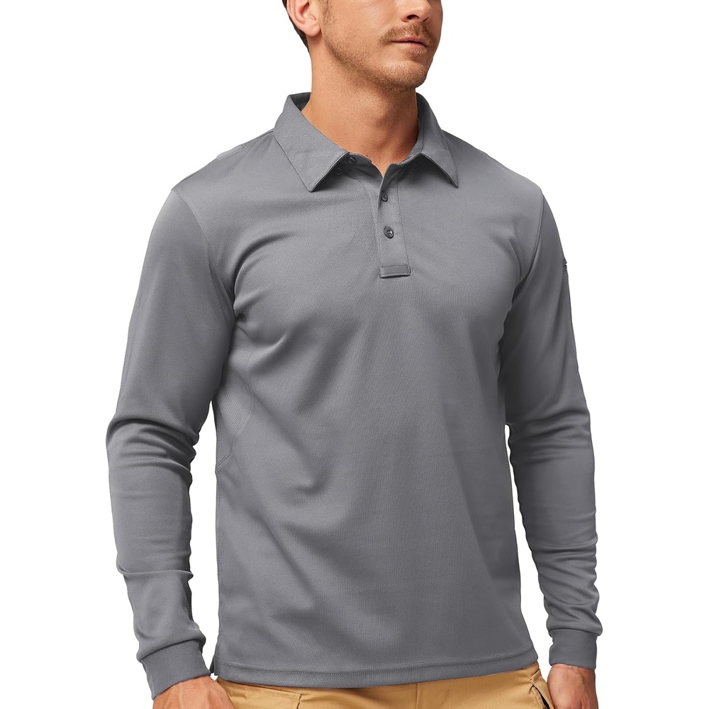 image:imageMIER Mens Outdoor Performance Tactical Polo Shirts Short and Long Sleeve MoistureWickingLight Grey02 Long Sleeve