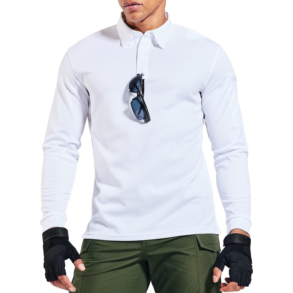 image:imageMIER Mens Outdoor Performance Tactical Polo Shirts Short and Long Sleeve MoistureWickingWhite02 Long Sleeve