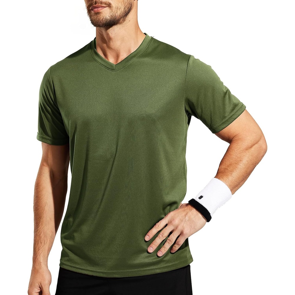 image:imageMIER Mens Quick Dry Workout Shirts Moisture Wicking Running Athletic Performance TShirts Recycled Polyester Top TeeArmy Green V Neck