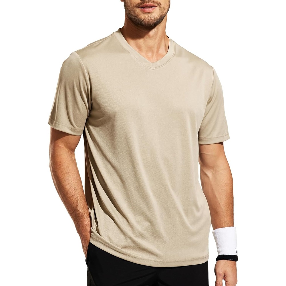 image:imageMIER Mens Quick Dry Workout Shirts Moisture Wicking Running Athletic Performance TShirts Recycled Polyester Top TeeKhaki V Neck