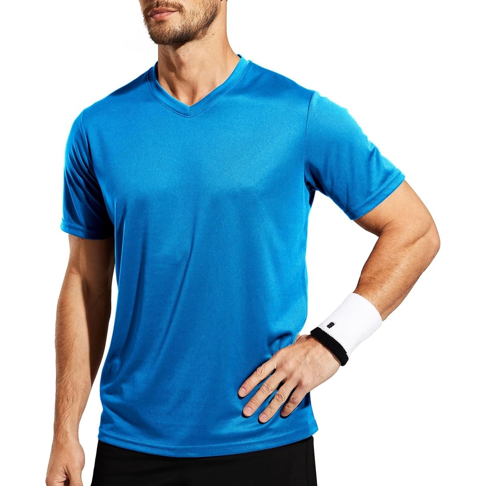 image:imageMIER Mens Quick Dry Workout Shirts Moisture Wicking Running Athletic Performance TShirts Recycled Polyester Top TeeLight Blue V Neck