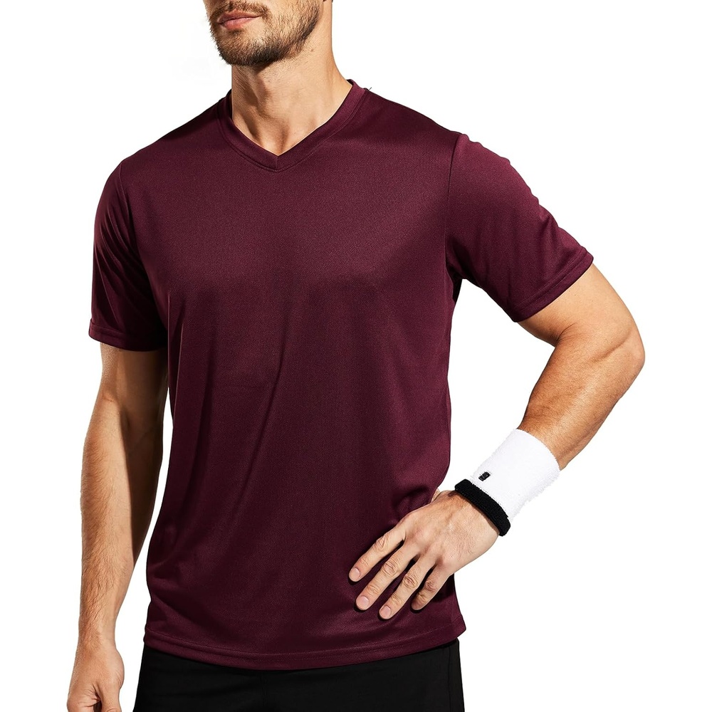 image:imageMIER Mens Quick Dry Workout Shirts Moisture Wicking Running Athletic Performance TShirts Recycled Polyester Top TeeWine Red V Neck