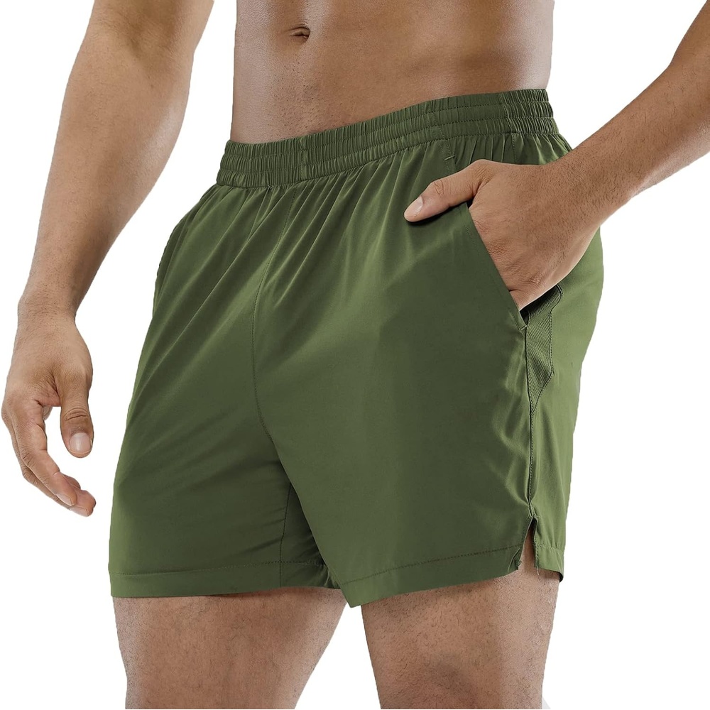 image:imageMIER Mens Workout Running Shorts Quick Dry Active 5 Inches Shorts with Pockets Lightweight BreathableGreen Without Zipper