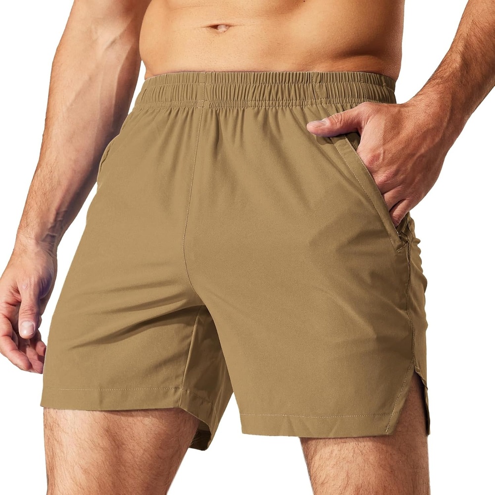 image:imageMIER Mens Workout Running Shorts Quick Dry Active 5 Inches Shorts with Pockets Lightweight BreathableKhaki With Zipper