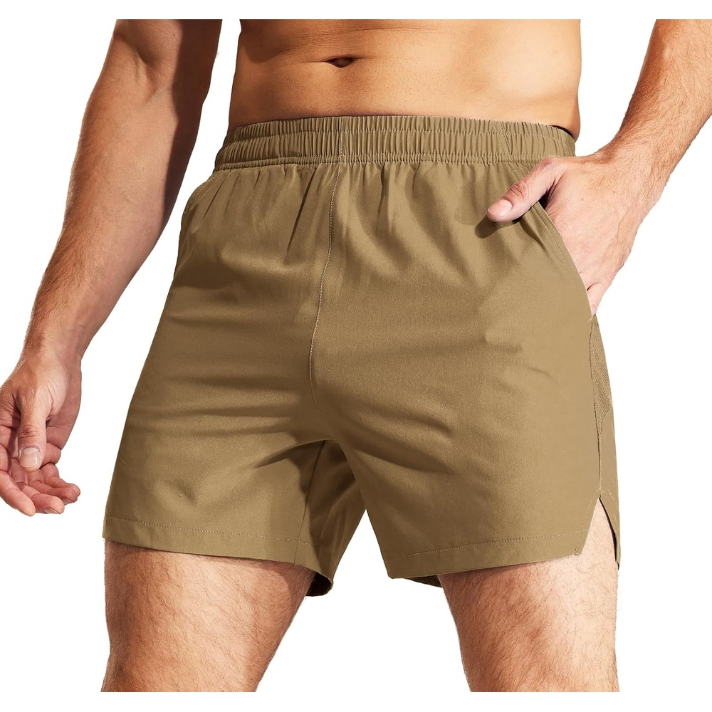 image:imageMIER Mens Workout Running Shorts Quick Dry Active 5 Inches Shorts with Pockets Lightweight BreathableKhaki Without Zipper