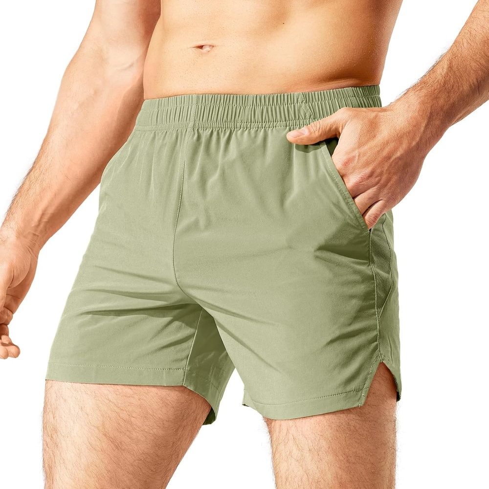 image:imageMIER Mens Workout Running Shorts Quick Dry Active 5 Inches Shorts with Pockets Lightweight BreathableLight Green Without Zipper