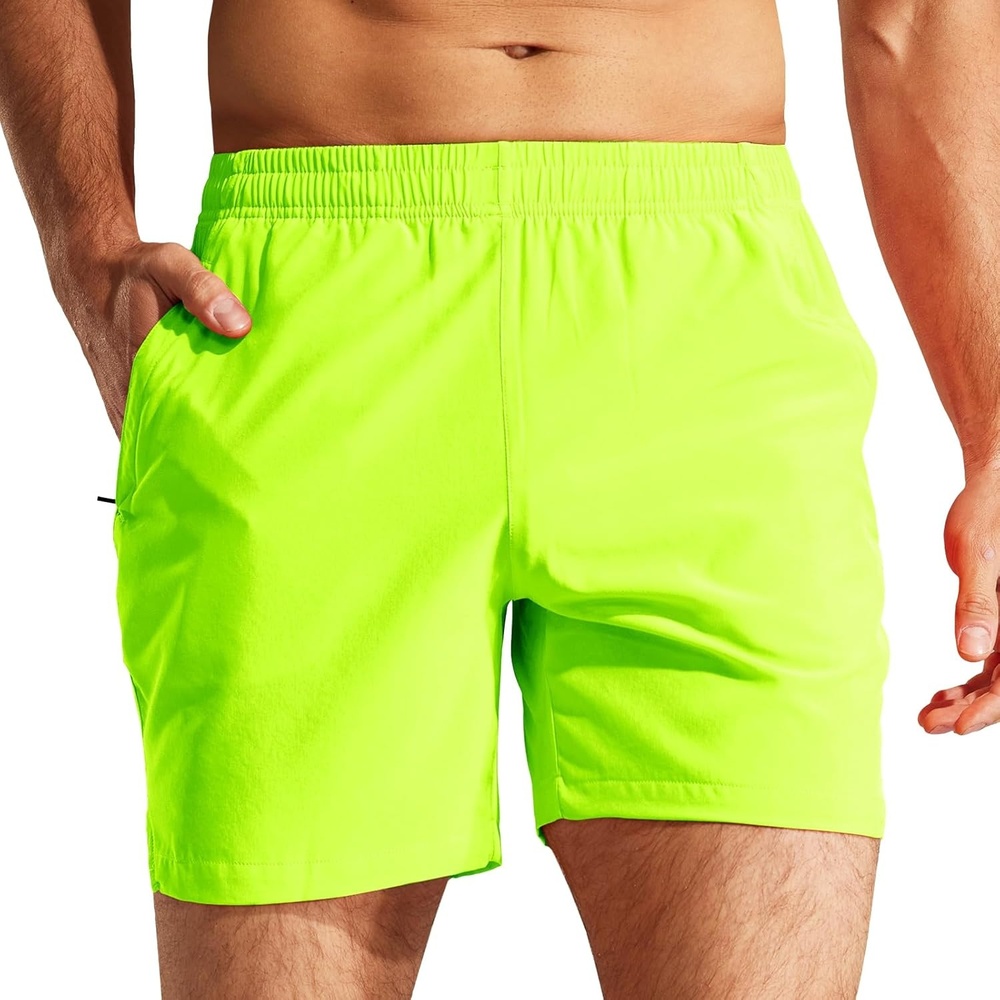 image:imageMIER Mens Workout Running Shorts Quick Dry Active 5 Inches Shorts with Pockets Lightweight BreathableNeon Green With Zipper