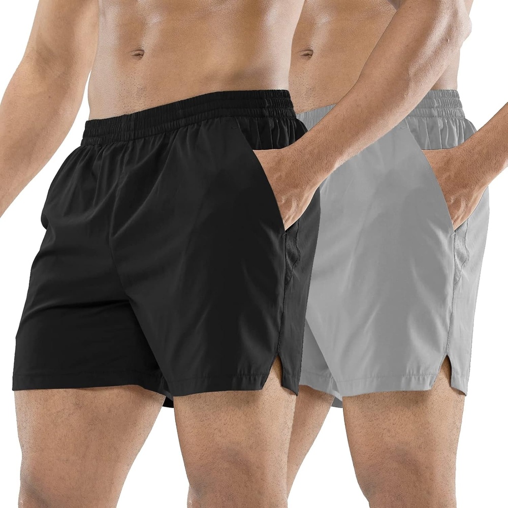 image:imageMIER Mens Workout Running Shorts Quick Dry Active 5 Inches Shorts with Pockets Lightweight BreathableY Black Light Grey Without Zipper