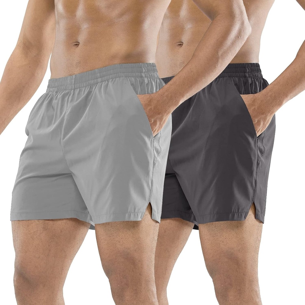 image:imageMIER Mens Workout Running Shorts Quick Dry Active 5 Inches Shorts with Pockets Lightweight BreathableY Dark Grey Light Grey Without Zipper